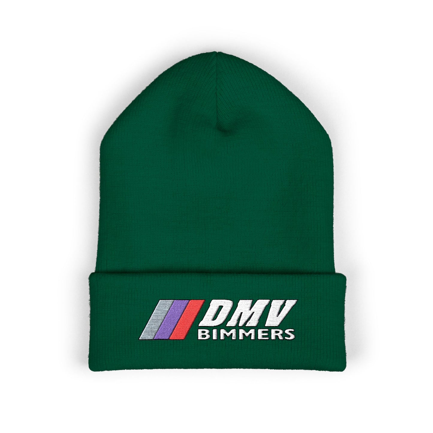 DMV Bimmers Classic Cuffed Beanie - Embroidered White Knit Hat for Car Enthusiasts
