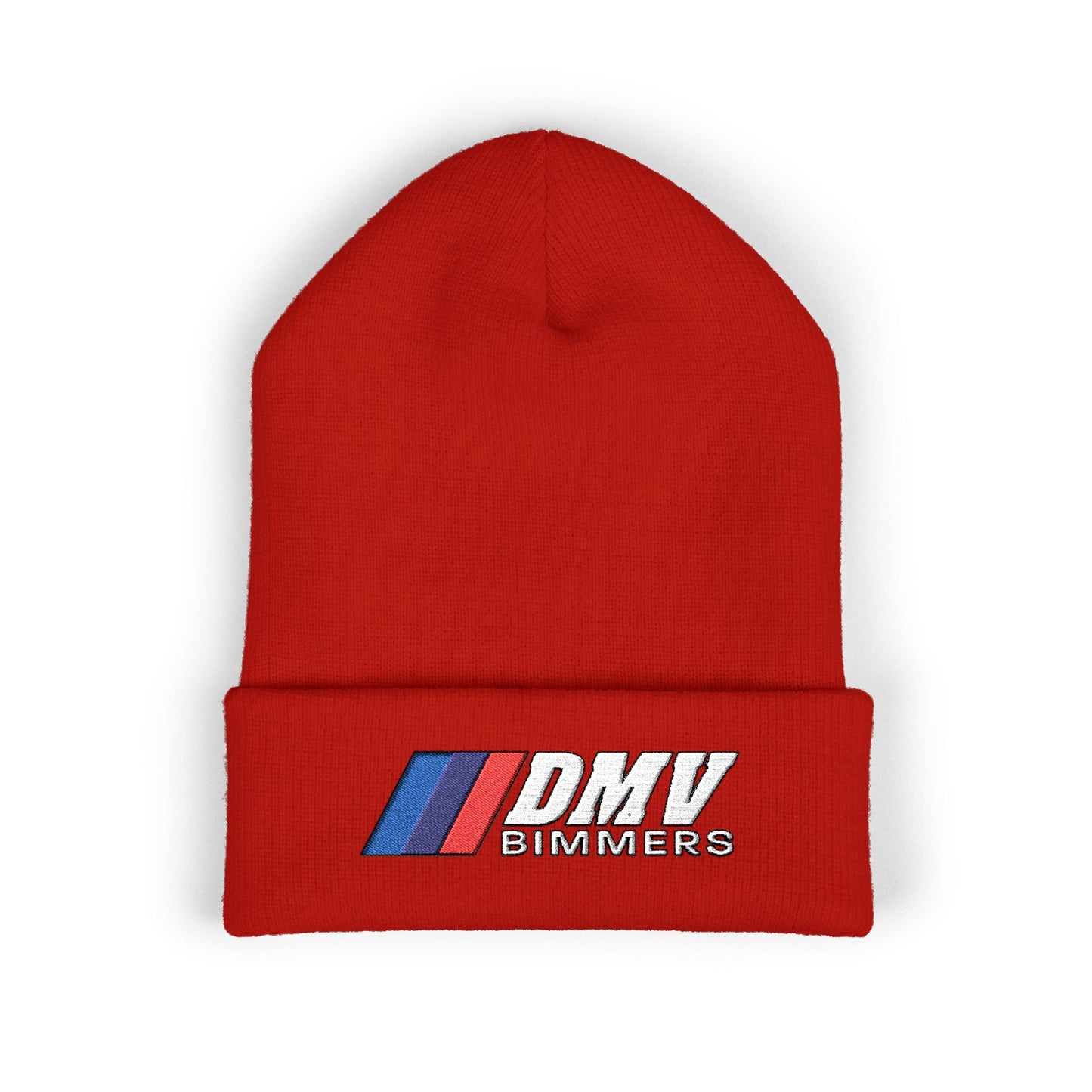 DMV Bimmers Classic Cuffed Beanie - Embroidered White Knit Hat for Car Enthusiasts