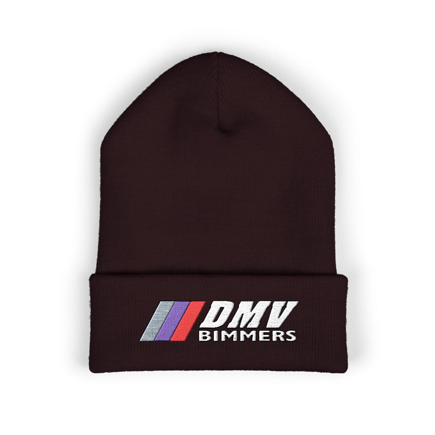 DMV Bimmers Classic Cuffed Beanie - Embroidered White Knit Hat for Car Enthusiasts