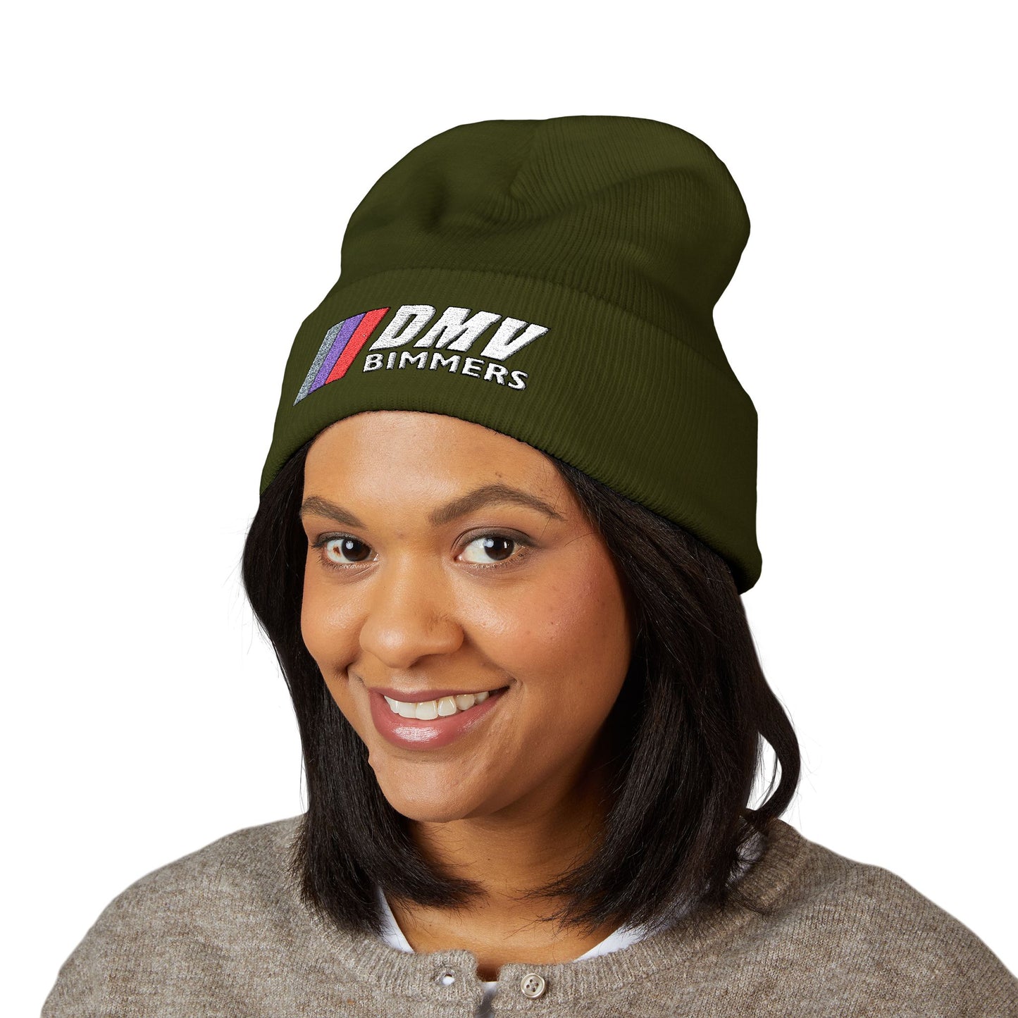 DMV Bimmers Classic Cuffed Beanie - Embroidered White Knit Hat for Car Enthusiasts