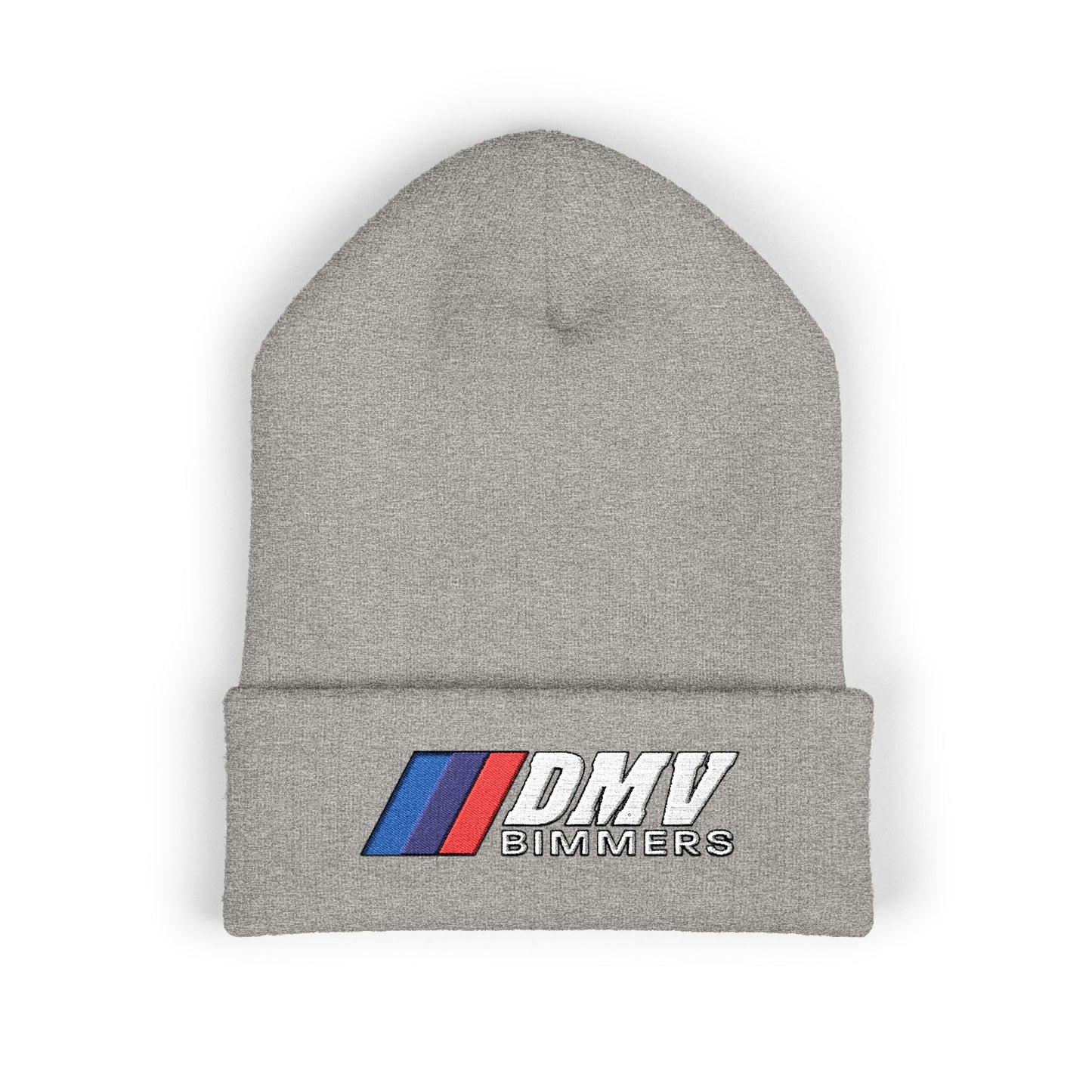 DMV Bimmers Classic Cuffed Beanie - Embroidered White Knit Hat for Car Enthusiasts