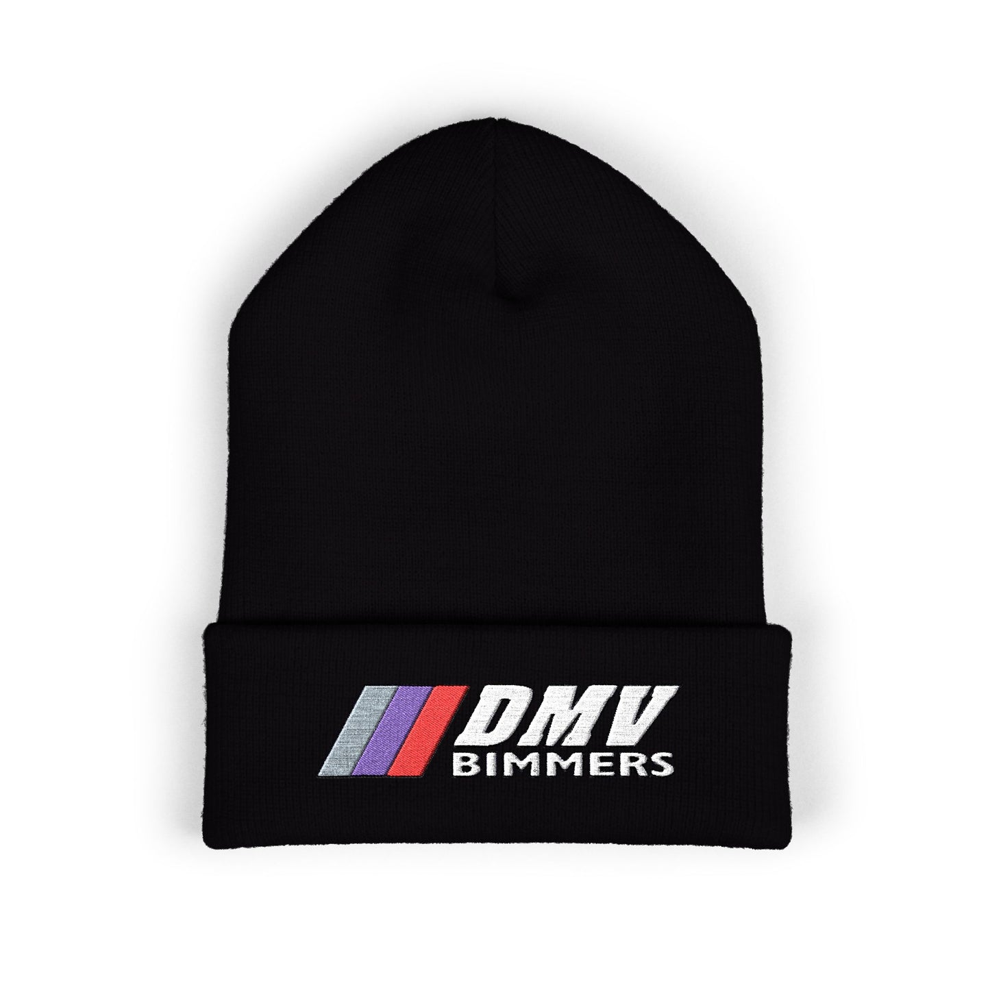 DMV Bimmers Classic Cuffed Beanie - Embroidered White Knit Hat for Car Enthusiasts