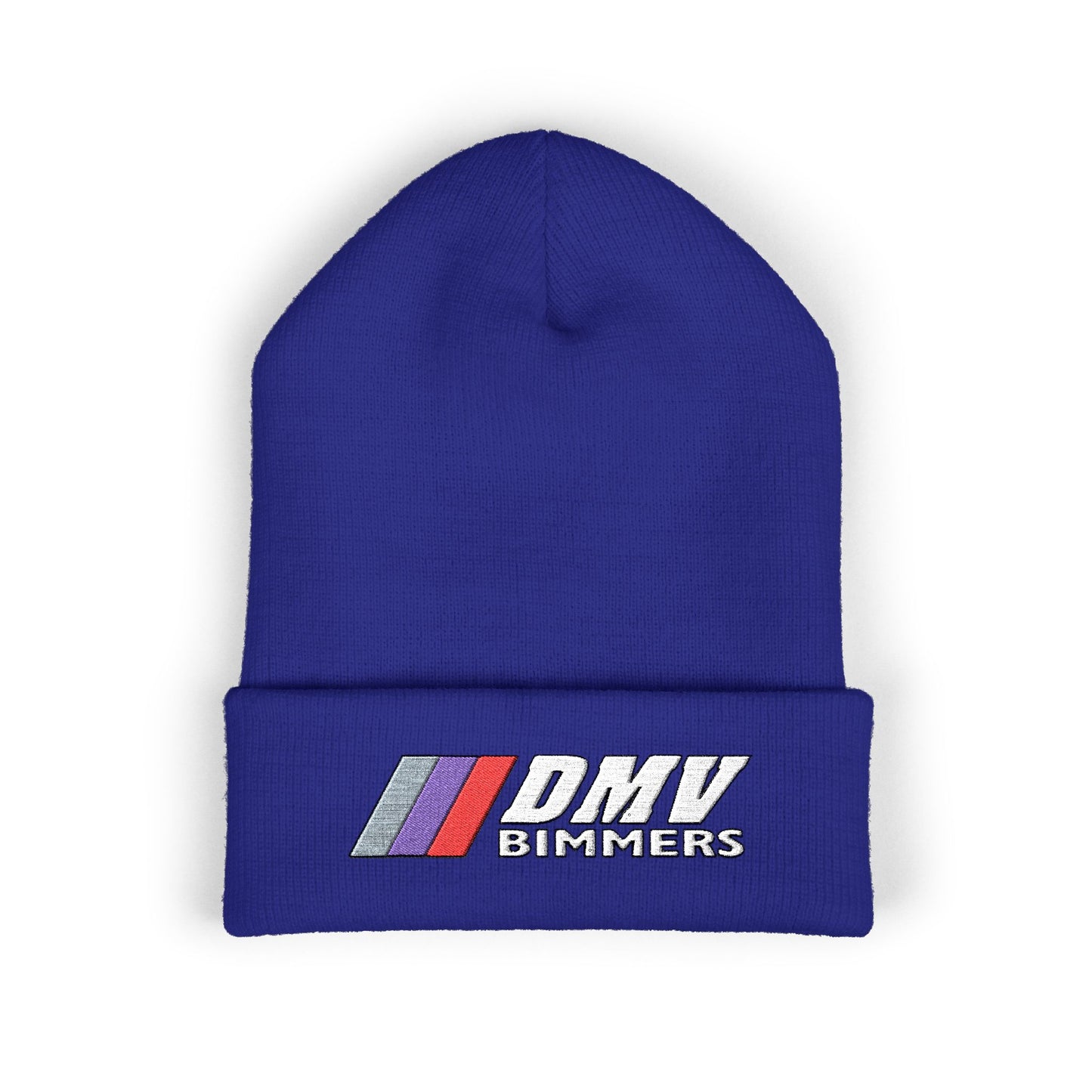 DMV Bimmers Classic Cuffed Beanie - Embroidered White Knit Hat for Car Enthusiasts