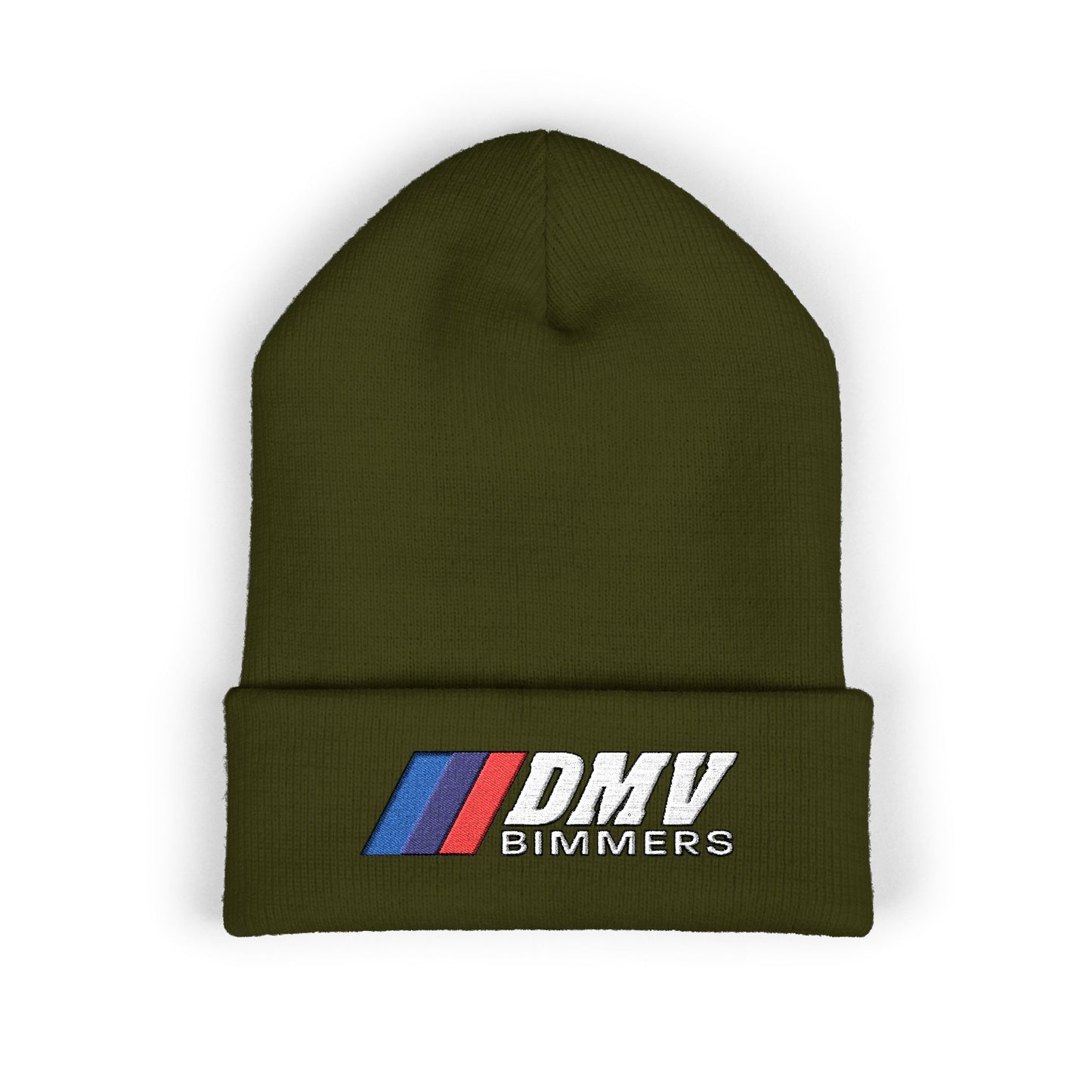 DMV Bimmers Classic Cuffed Beanie - Embroidered White Knit Hat for Car Enthusiasts