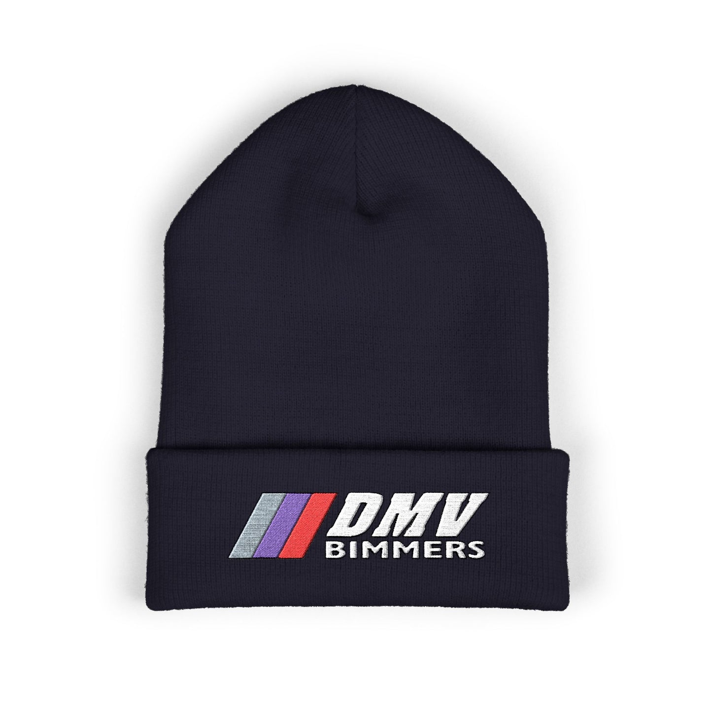 DMV Bimmers Classic Cuffed Beanie - Embroidered White Knit Hat for Car Enthusiasts