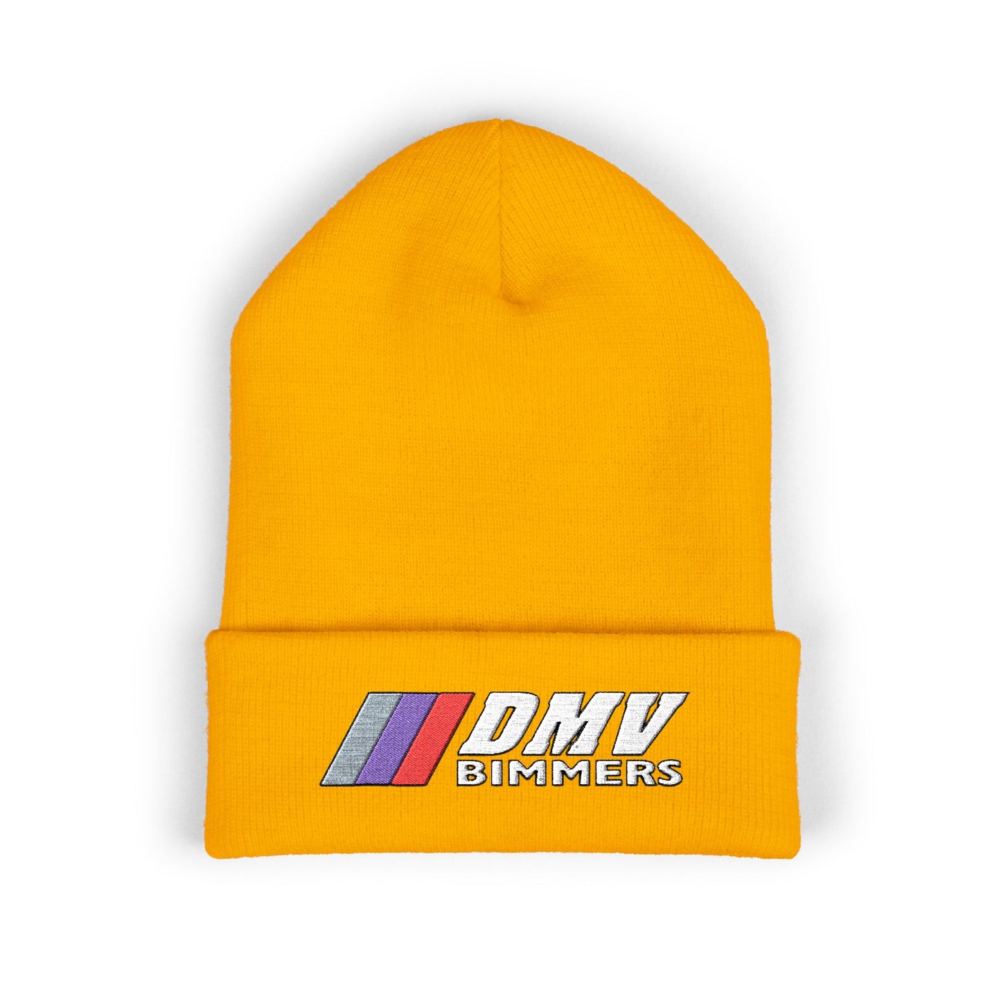 DMV Bimmers Classic Cuffed Beanie - Embroidered White Knit Hat for Car Enthusiasts