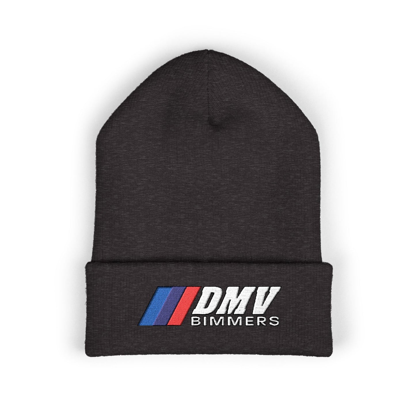 DMV Bimmers Classic Cuffed Beanie - Embroidered White Knit Hat for Car Enthusiasts