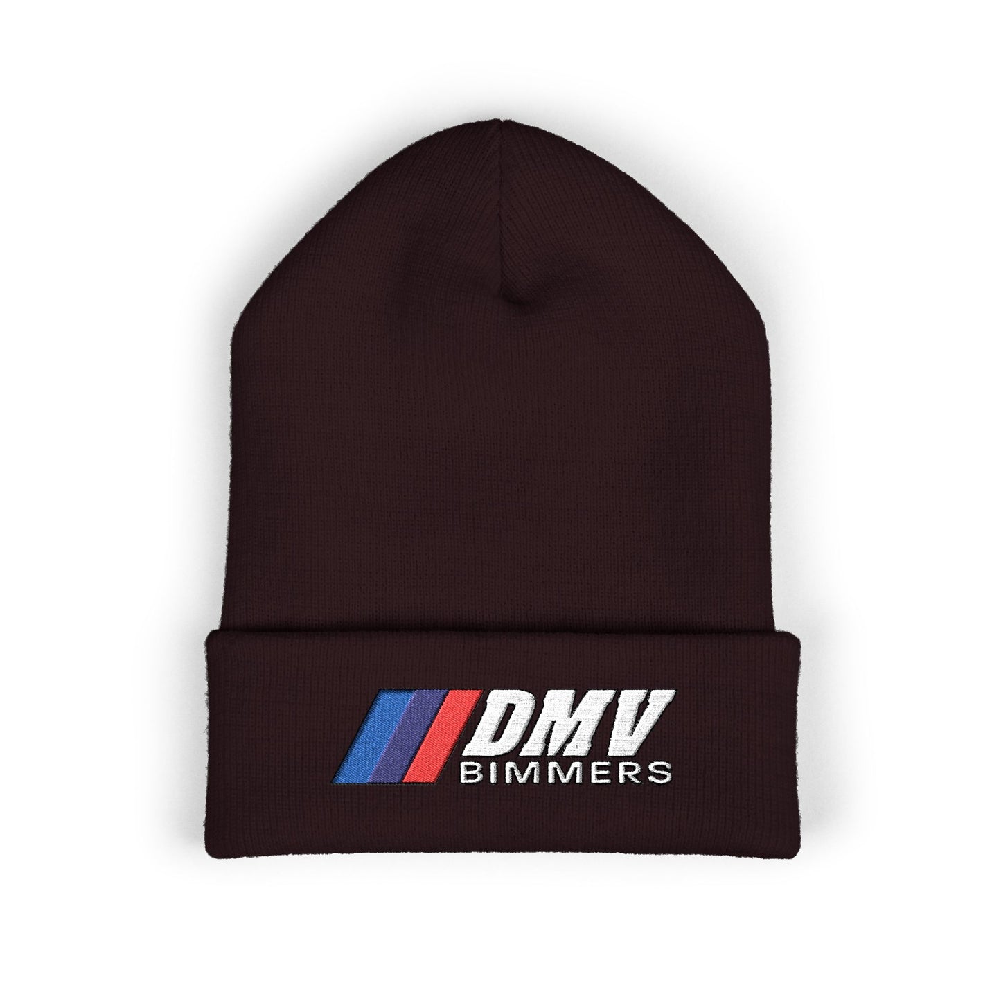 DMV Bimmers Classic Cuffed Beanie - Embroidered White Knit Hat for Car Enthusiasts