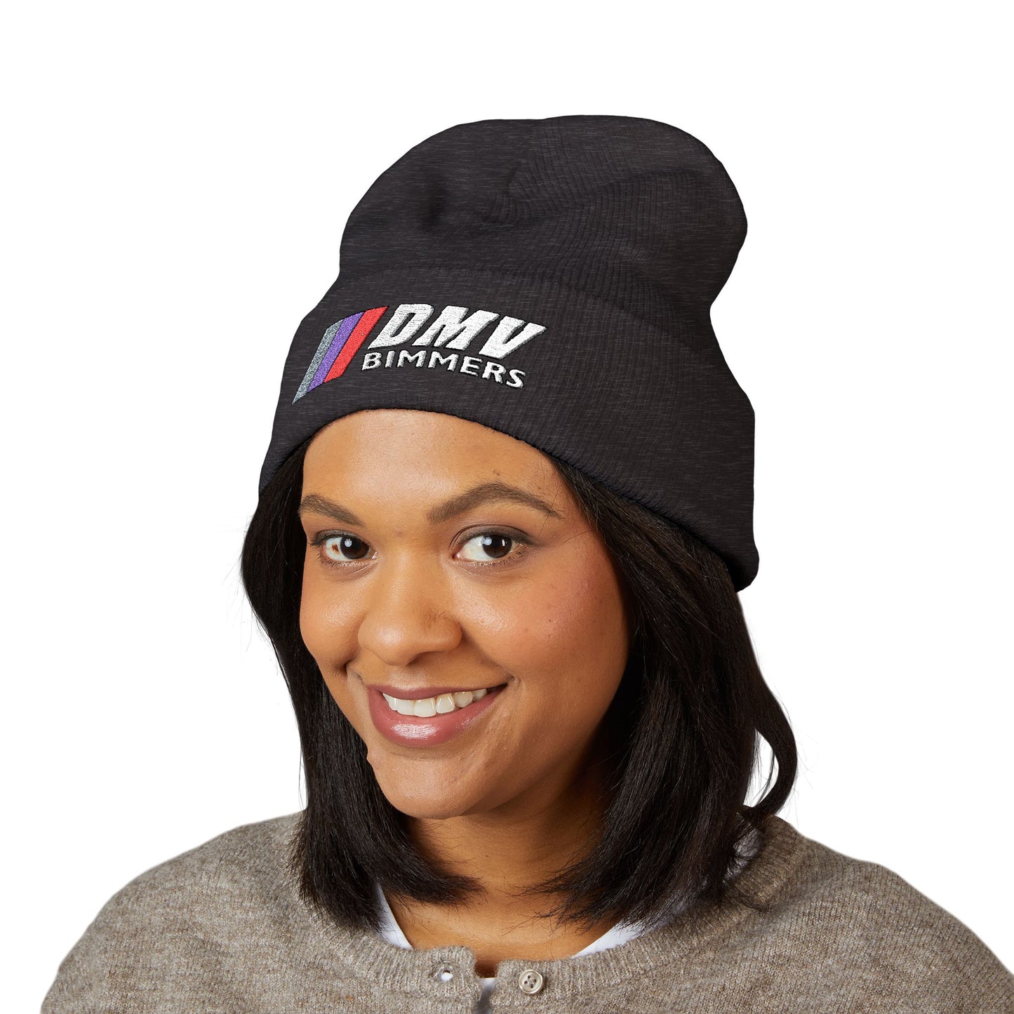 DMV Bimmers Classic Cuffed Beanie - Embroidered White Knit Hat for Car Enthusiasts