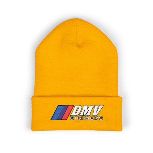 DMV Bimmers Classic Cuffed Beanie - Embroidered White Knit Hat for Car Enthusiasts