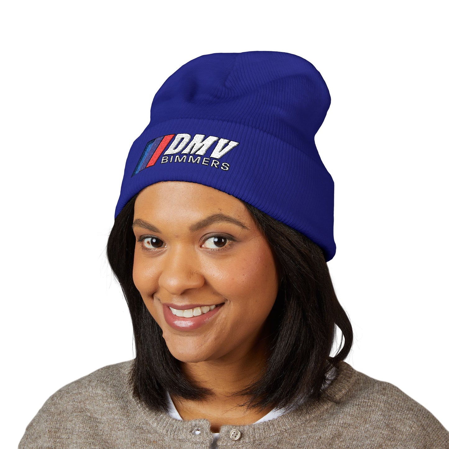 DMV Bimmers Classic Cuffed Beanie - Embroidered White Knit Hat for Car Enthusiasts