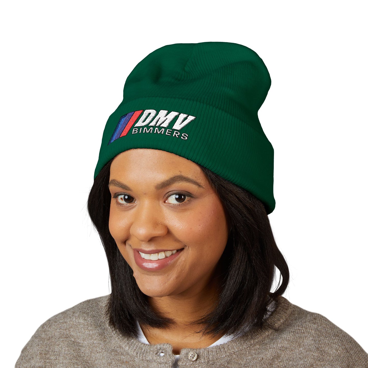 DMV Bimmers Classic Cuffed Beanie - Embroidered White Knit Hat for Car Enthusiasts