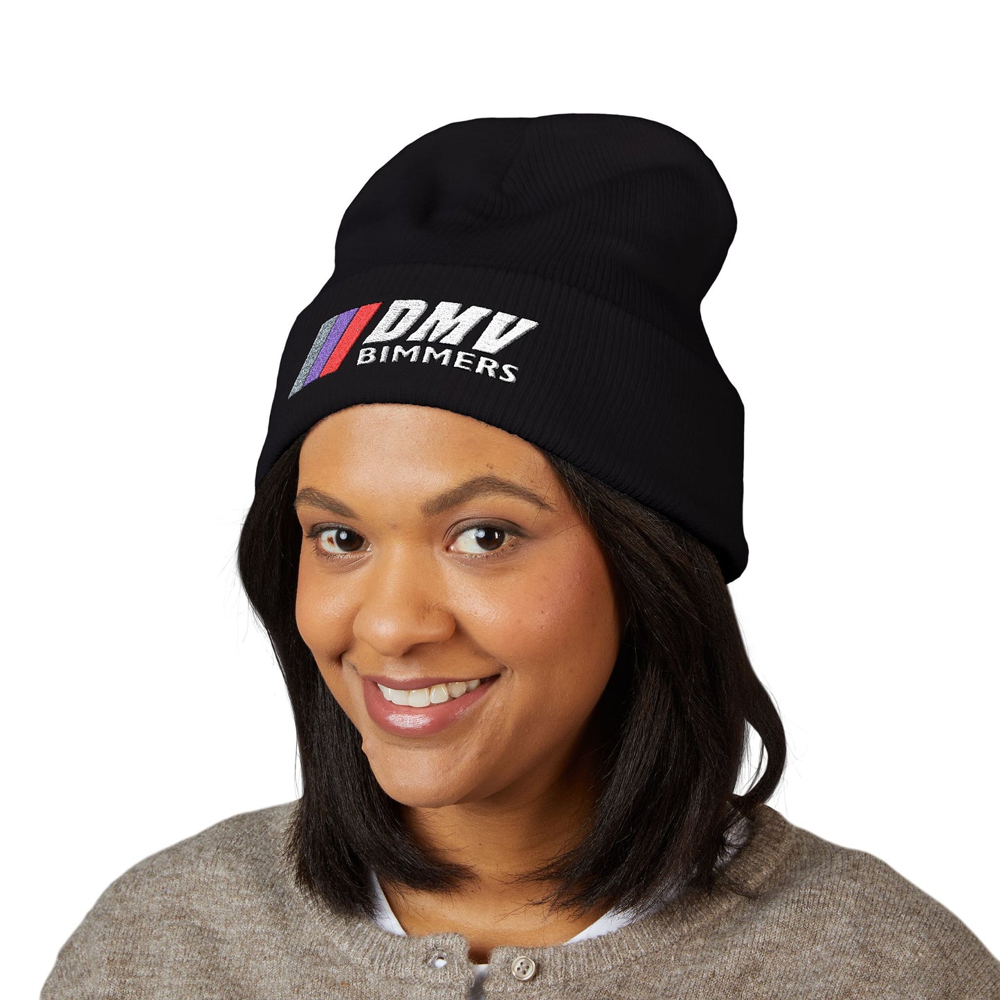 DMV Bimmers Classic Cuffed Beanie - Embroidered White Knit Hat for Car Enthusiasts