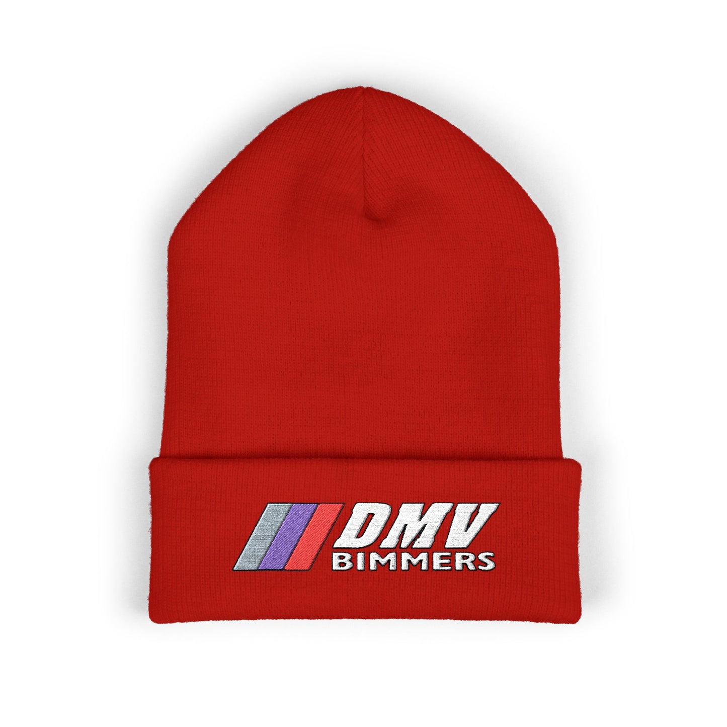 DMV Bimmers Classic Cuffed Beanie - Embroidered White Knit Hat for Car Enthusiasts