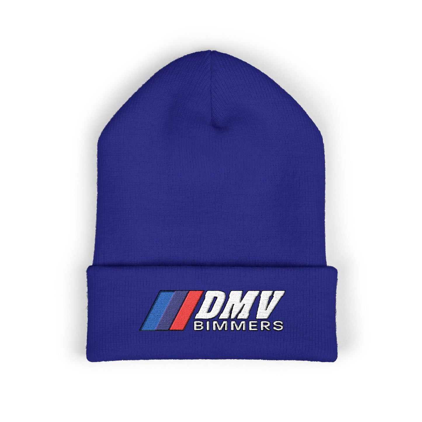 DMV Bimmers Classic Cuffed Beanie - Embroidered White Knit Hat for Car Enthusiasts