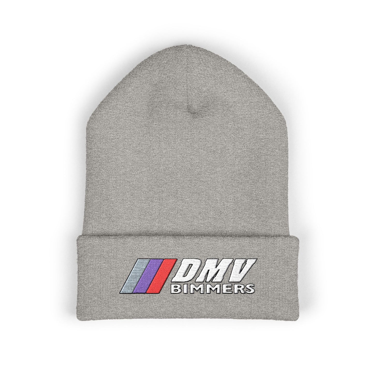 DMV Bimmers Classic Cuffed Beanie - Embroidered White Knit Hat for Car Enthusiasts