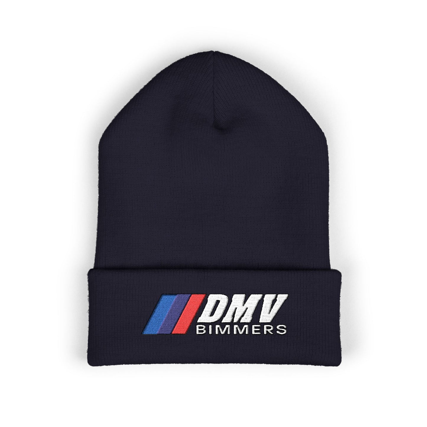 DMV Bimmers Classic Cuffed Beanie - Embroidered White Knit Hat for Car Enthusiasts