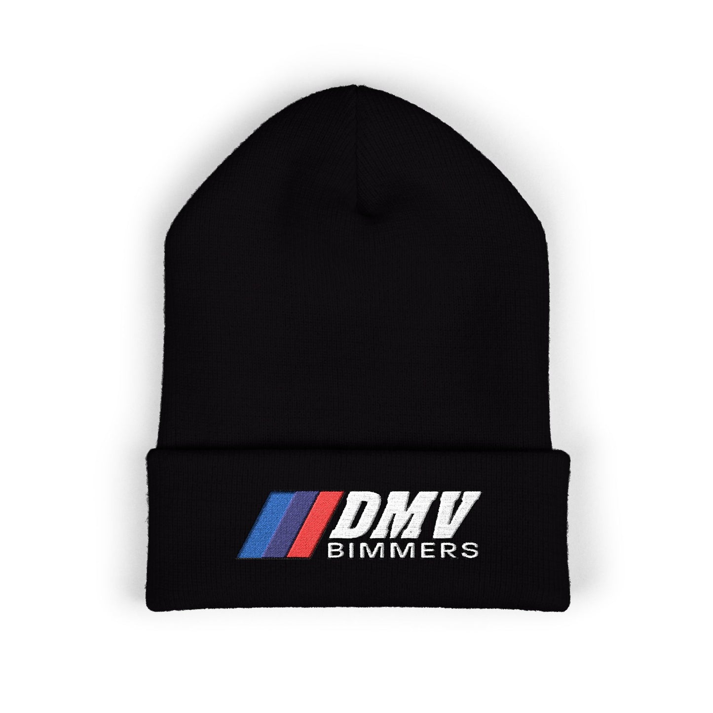 DMV Bimmers Classic Cuffed Beanie - Embroidered White Knit Hat for Car Enthusiasts