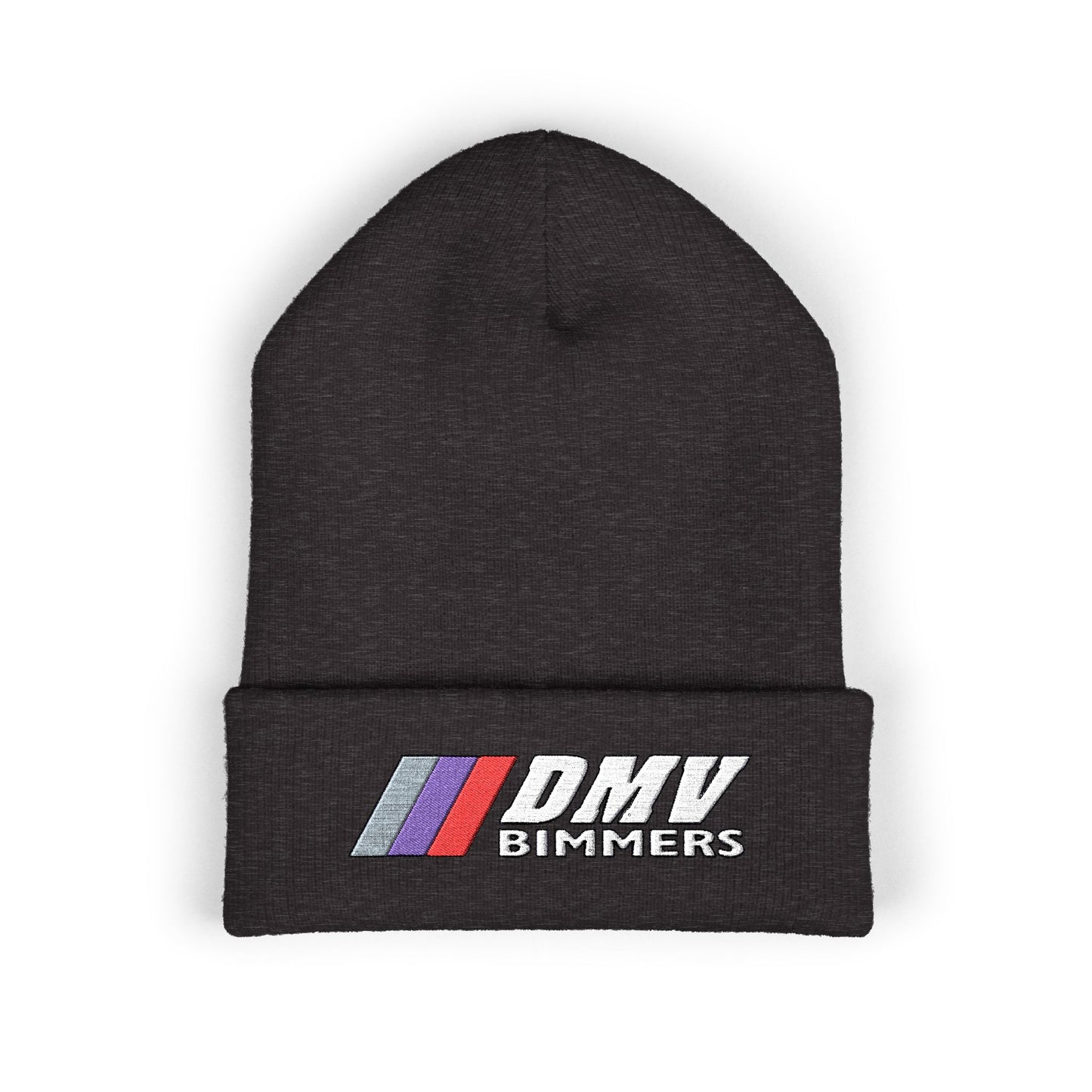 DMV Bimmers Classic Cuffed Beanie - Embroidered White Knit Hat for Car Enthusiasts