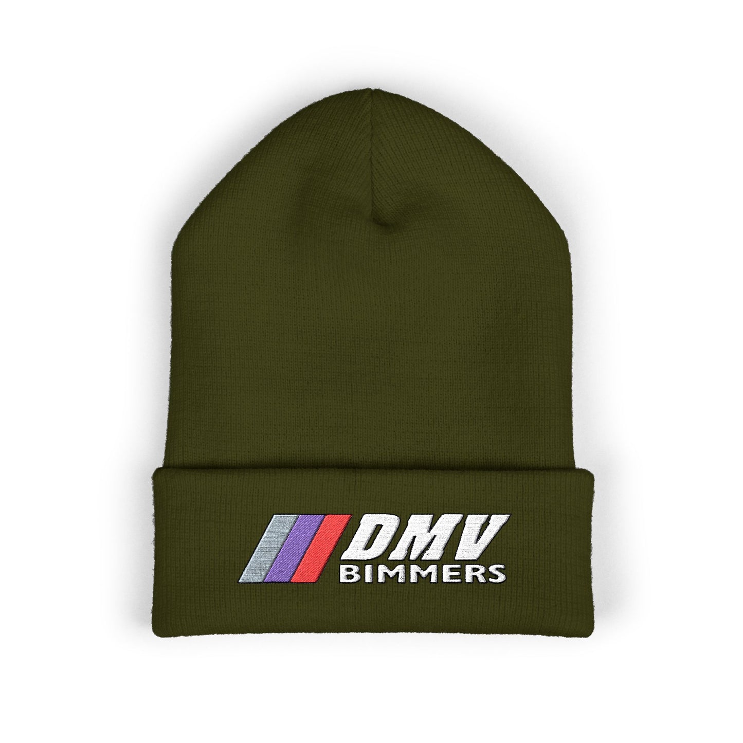 DMV Bimmers Classic Cuffed Beanie - Embroidered White Knit Hat for Car Enthusiasts
