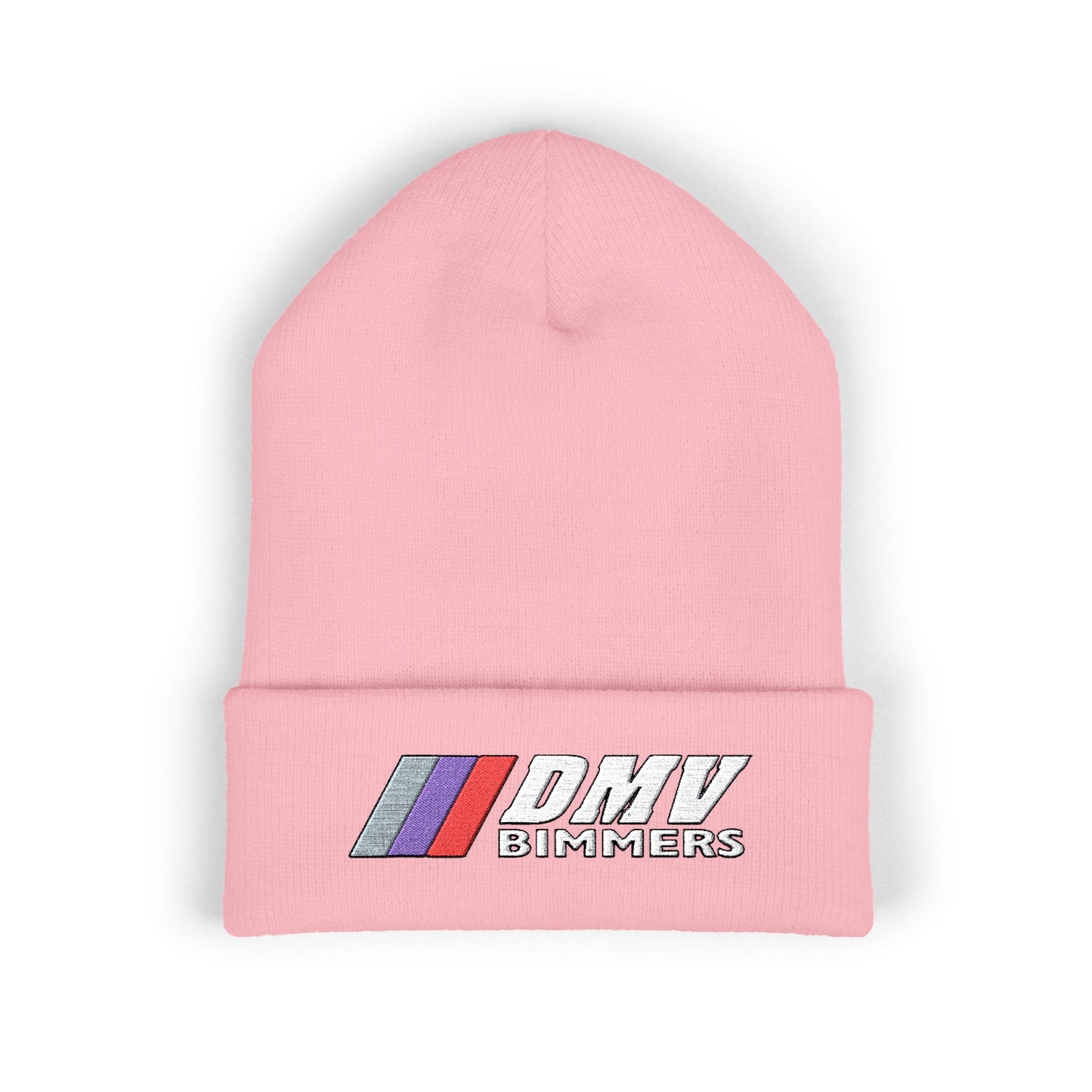 DMV Bimmers Classic Cuffed Beanie - Embroidered White Knit Hat for Car Enthusiasts