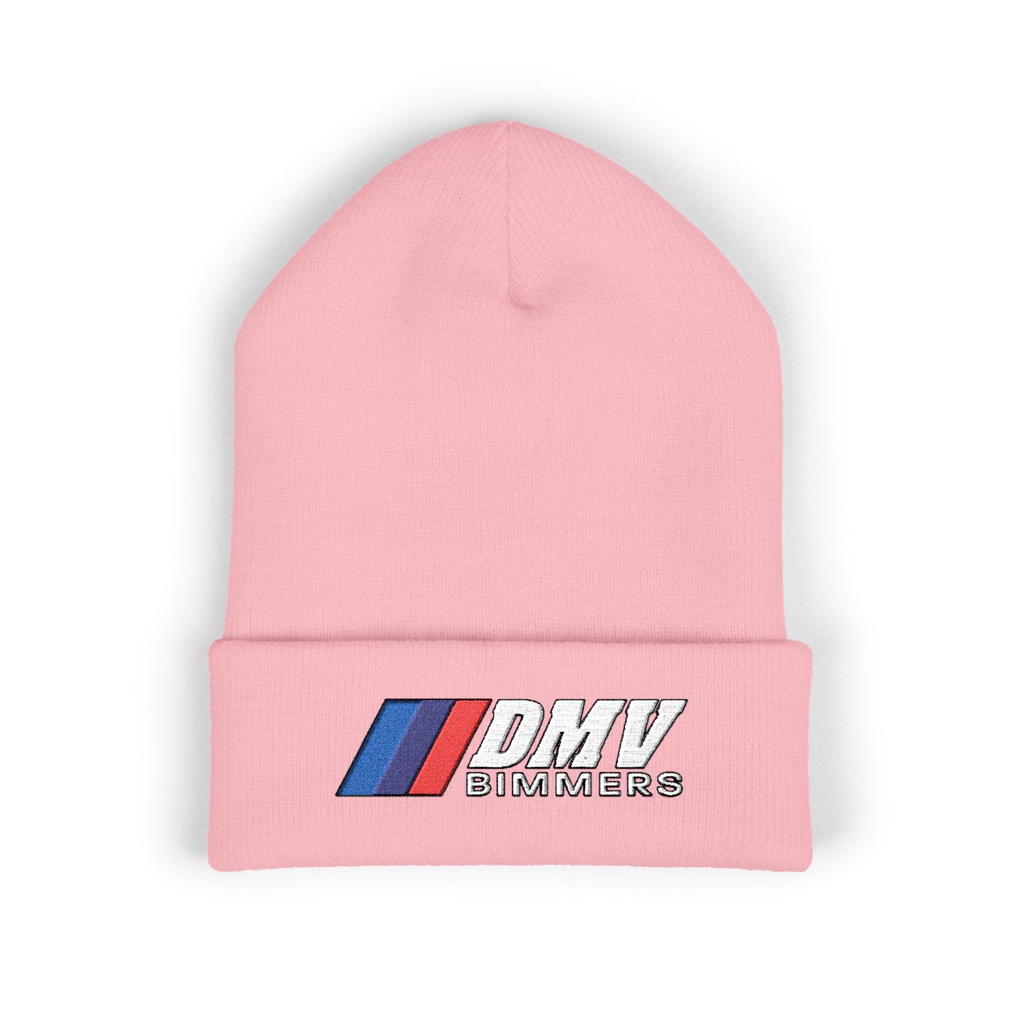 DMV Bimmers Classic Cuffed Beanie - Embroidered White Knit Hat for Car Enthusiasts