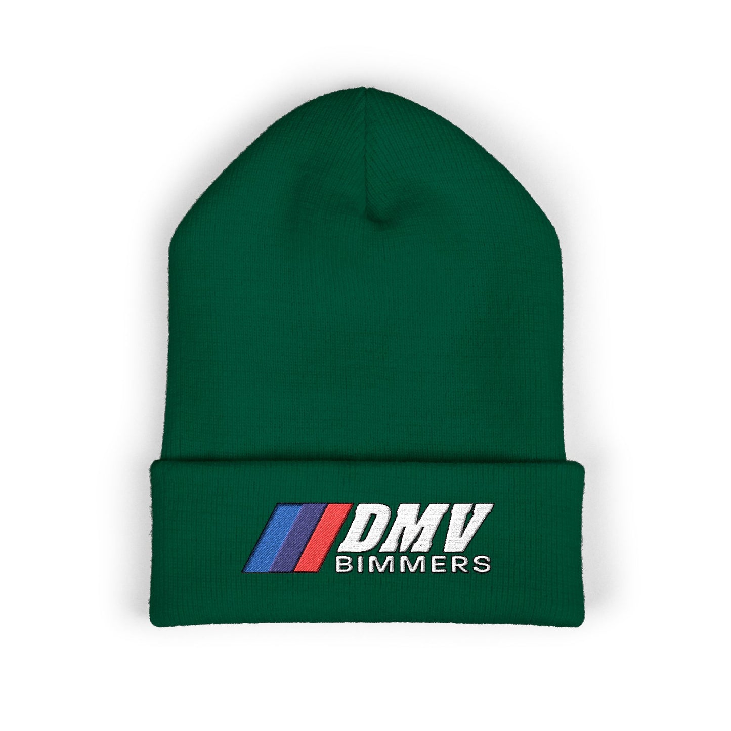 DMV Bimmers Classic Cuffed Beanie - Embroidered White Knit Hat for Car Enthusiasts