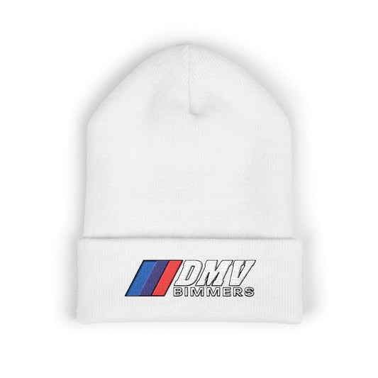 DMV Bimmers Classic Cuffed Beanie - Embroidered White Knit Hat for Car Enthusiasts