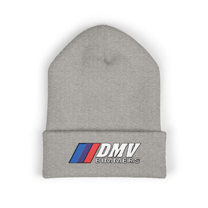 DMV Bimmers Classic Cuffed Beanie - Embroidered White Knit Hat for Car Enthusiasts