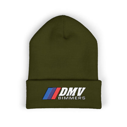 DMV Bimmers Classic Cuffed Beanie - Embroidered White Knit Hat for Car Enthusiasts