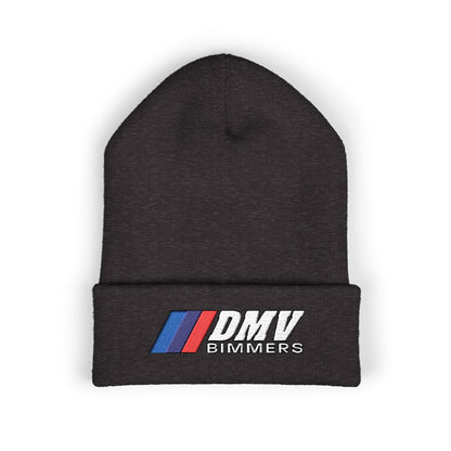 DMV Bimmers Classic Cuffed Beanie - Embroidered White Knit Hat for Car Enthusiasts