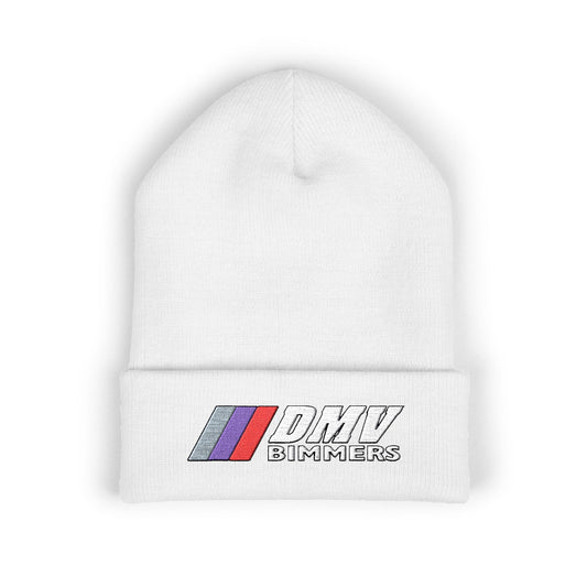DMV Bimmers Classic Cuffed Beanie - Embroidered White Knit Hat for Car Enthusiasts