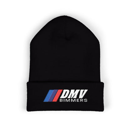DMV Bimmers Classic Cuffed Beanie - Embroidered White Knit Hat for Car Enthusiasts