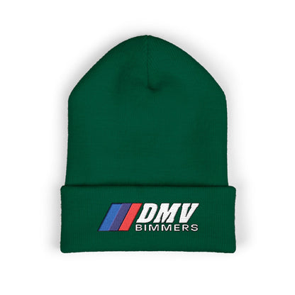 DMV Bimmers Classic Cuffed Beanie - Embroidered White Knit Hat for Car Enthusiasts